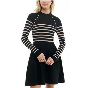 BCX Juniors  Black Striped Button Detail Fit & Flare Sweater Dress XXS NWT.